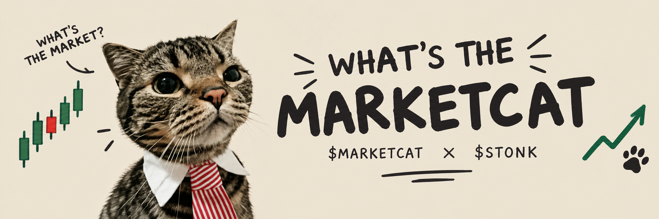What's the MarketCat? A wide-eyed tabby cat wearing a red striped tie, with hand-drawn market candles. $MARKETCAT × $STONK.